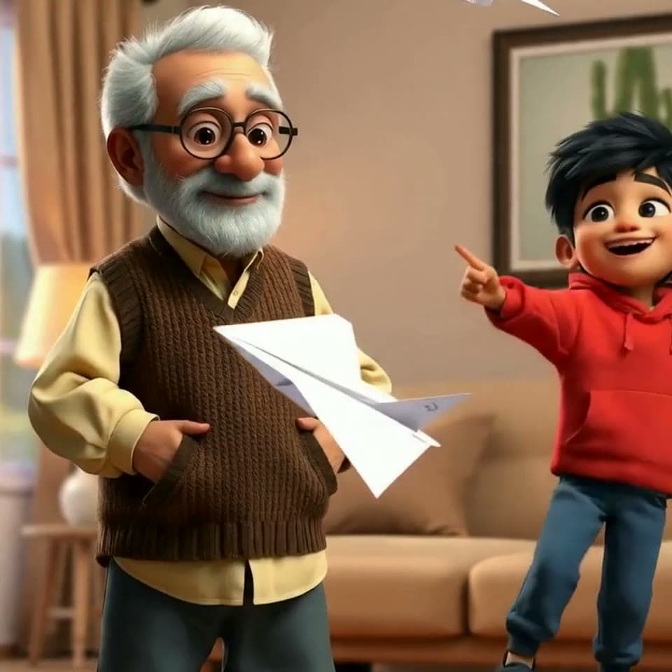 An older storyteller and a child reacting as a paper plane crosses the room