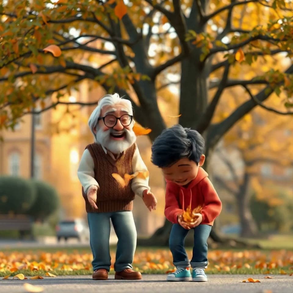 An older character and a child reaching for falling autumn leaves