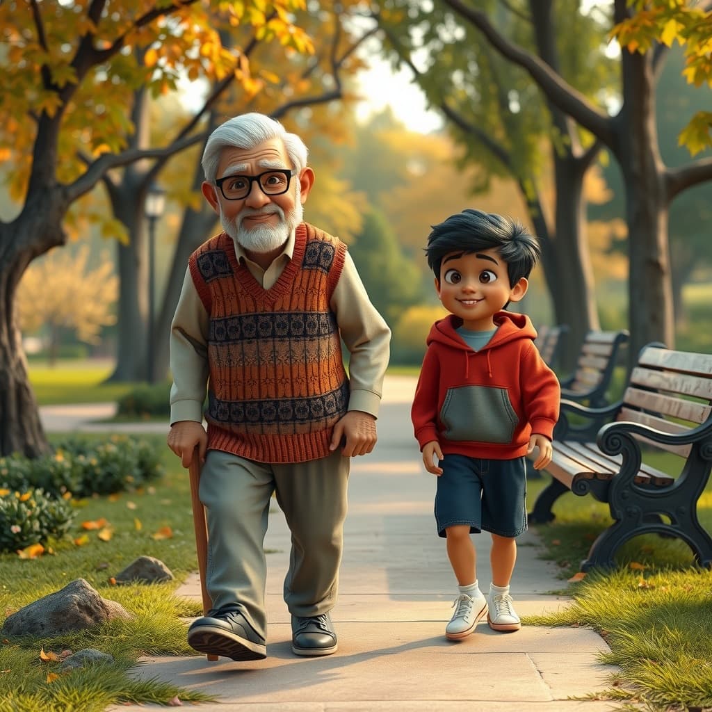 An older creator and a child walking together through a calm park