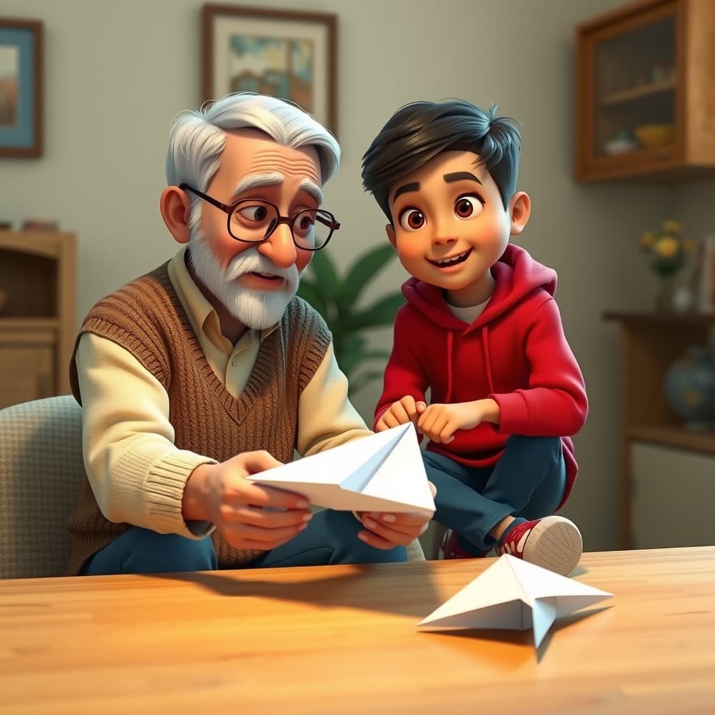 An older creator and a child folding paper into a plane at a table