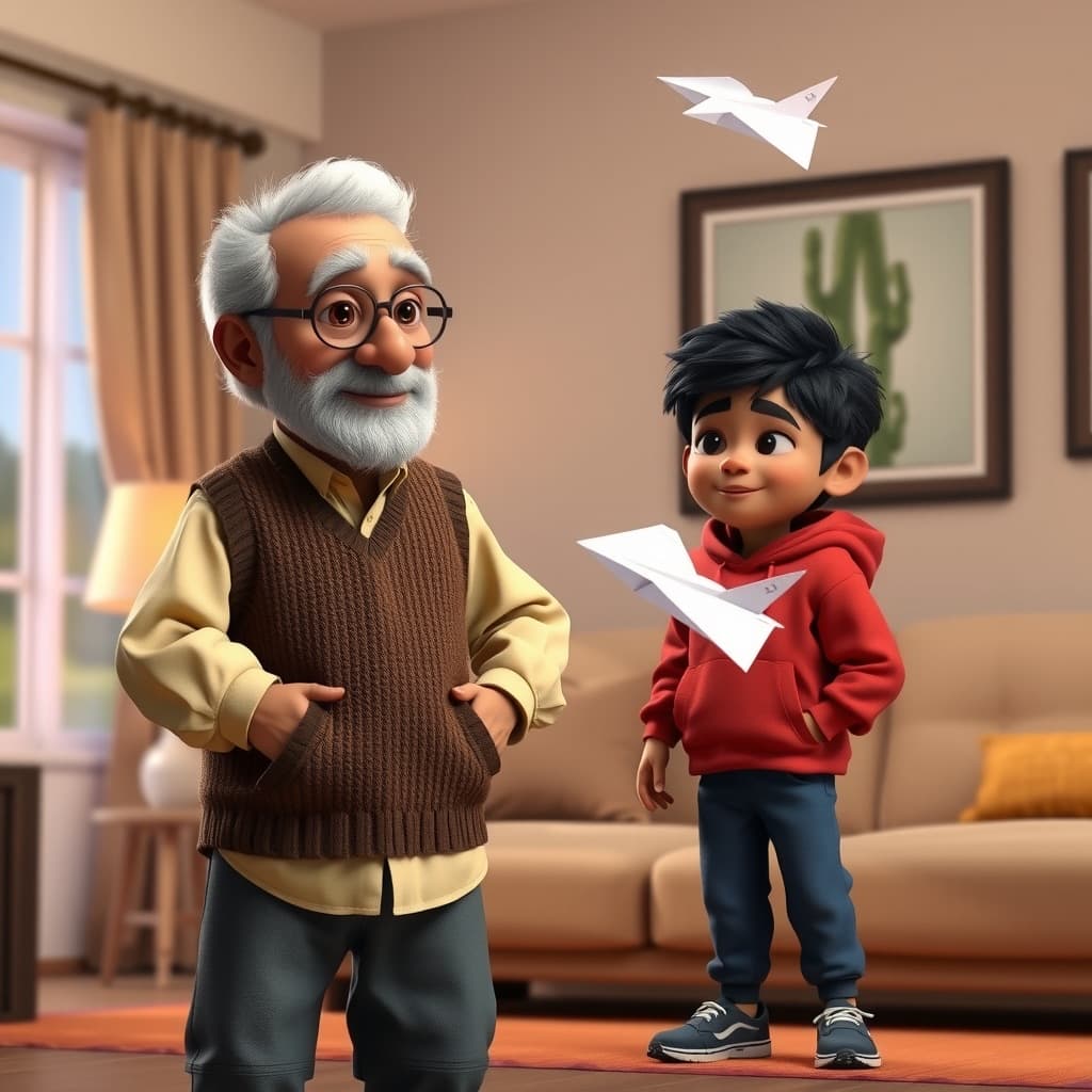 A child and an older creator testing paper planes in a living room